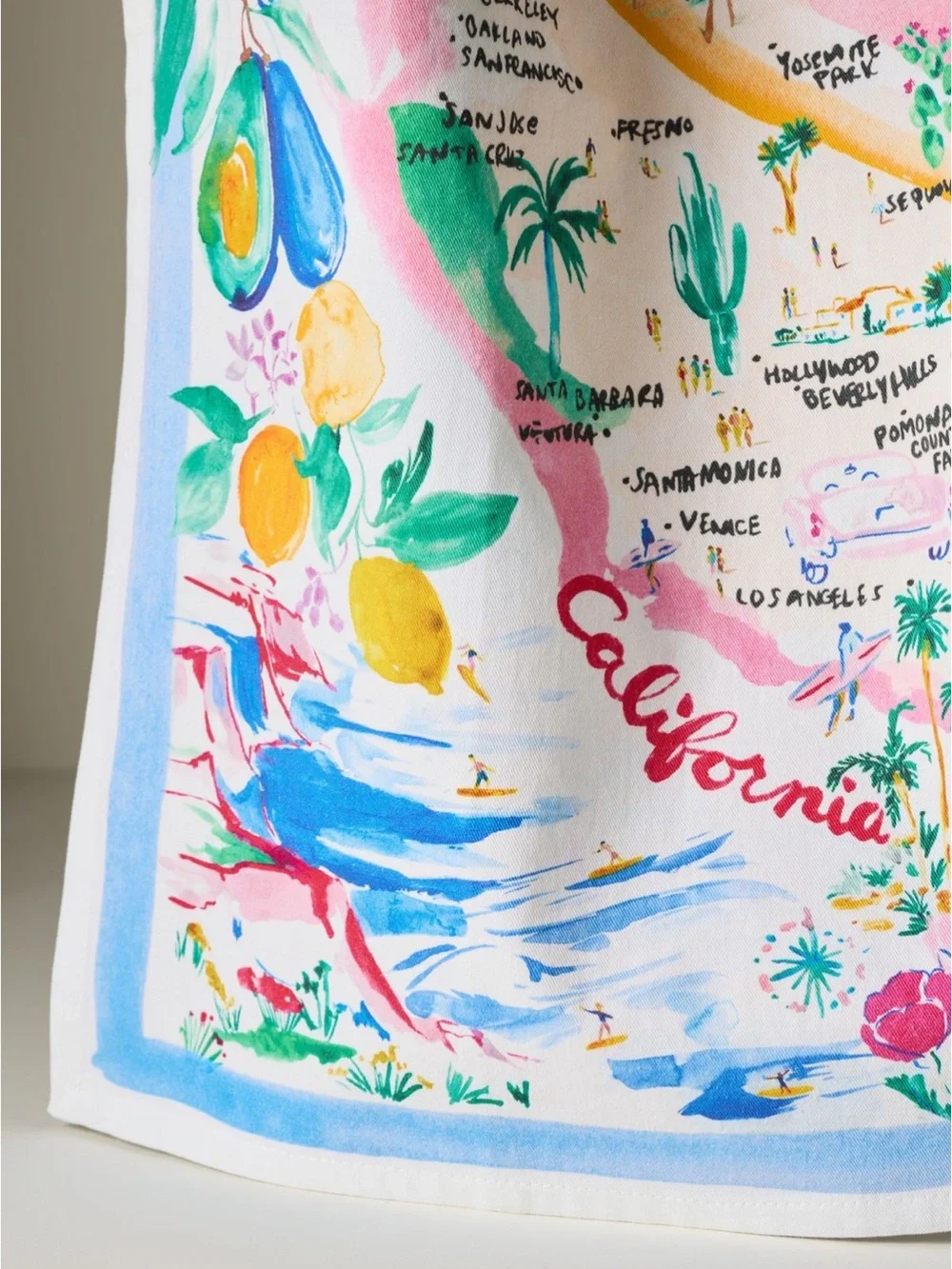 Anthropologie California Beach Print Dish Towel- Pink, Blue, Green